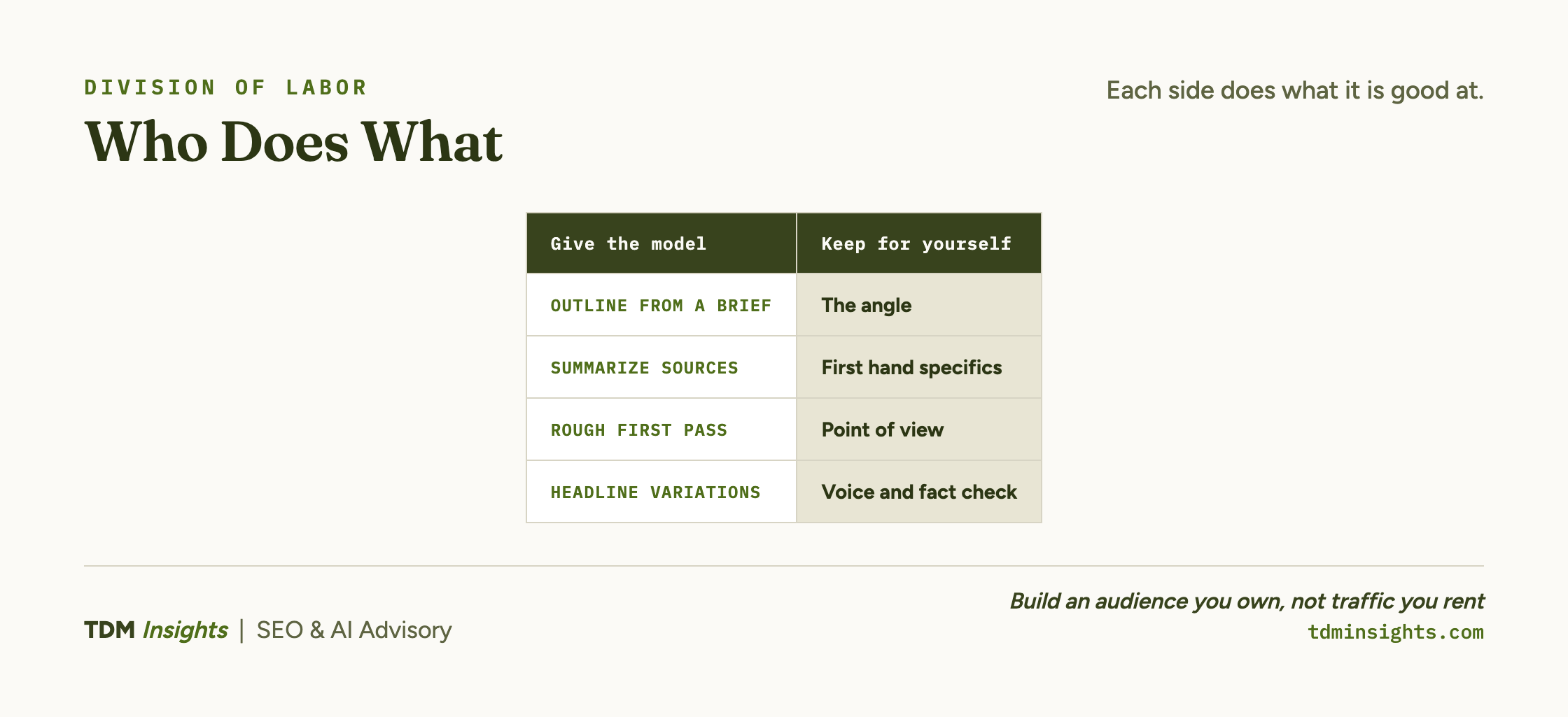 Team roles and responsibilities chart for SEO and AI advisory.