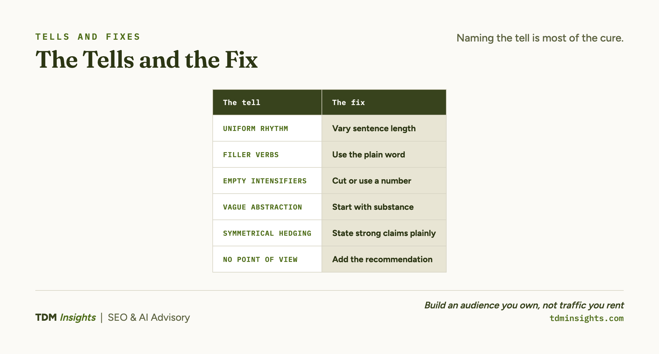 Visual guide to the tell and fix strategies for effective communication.