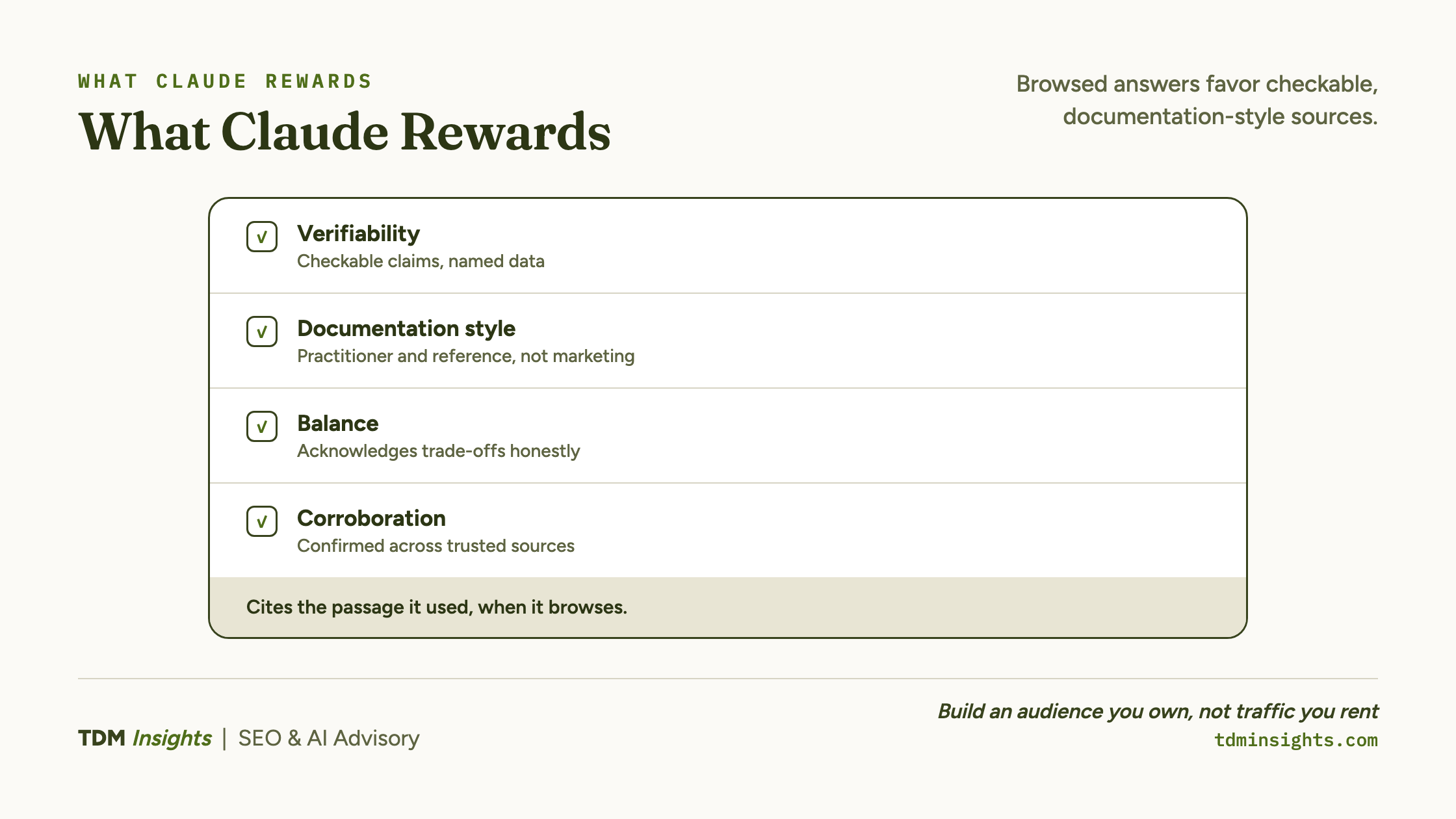 Summary of Claude Rewards criteria including verifiability and documentation style.