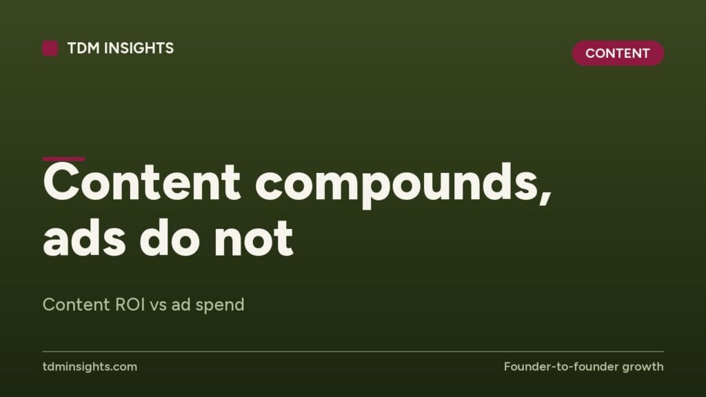 Content compounds, ads do not - TDM Insights logo and webpage screenshot.