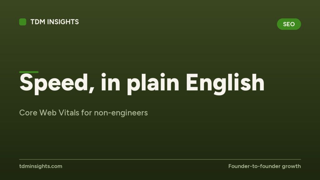 TDM Insights logo with the title 'Speed, in plain English' for SEO.
