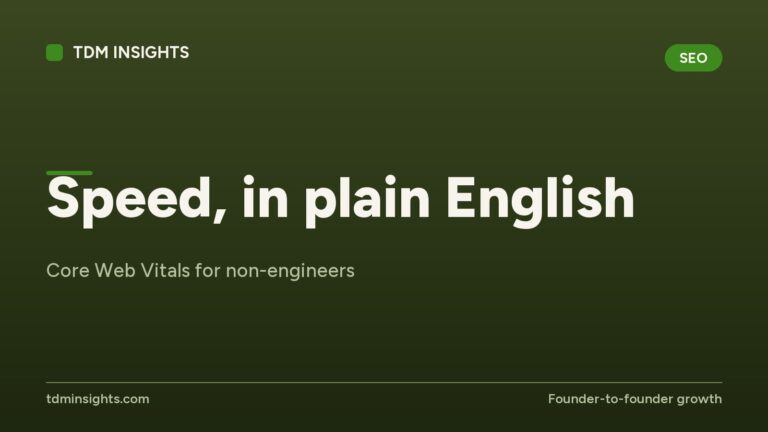 TDM Insights logo with the title 'Speed, in plain English' for SEO.