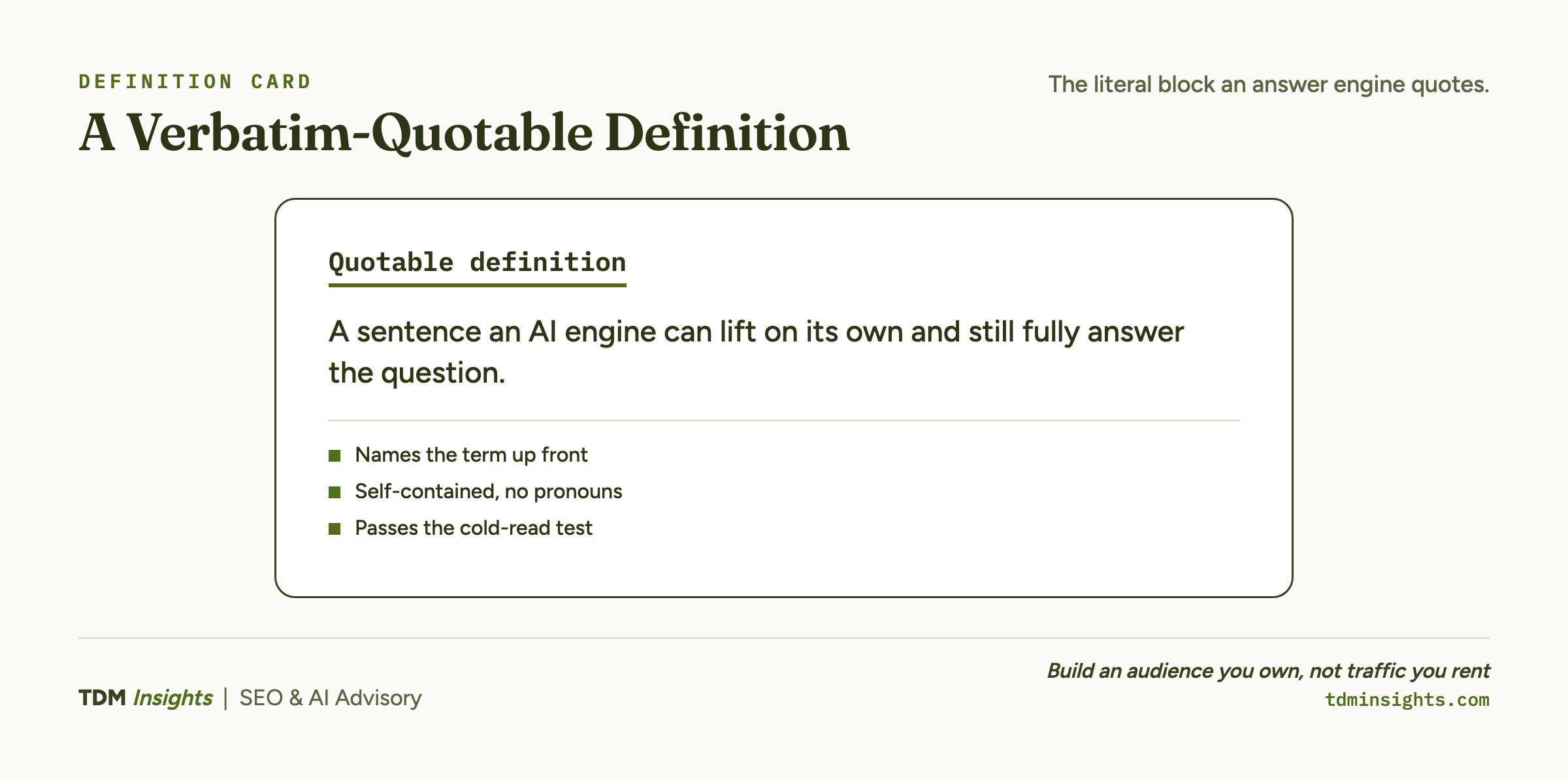 A definition card showing the exact block of text an answer engine quotes verbatim.