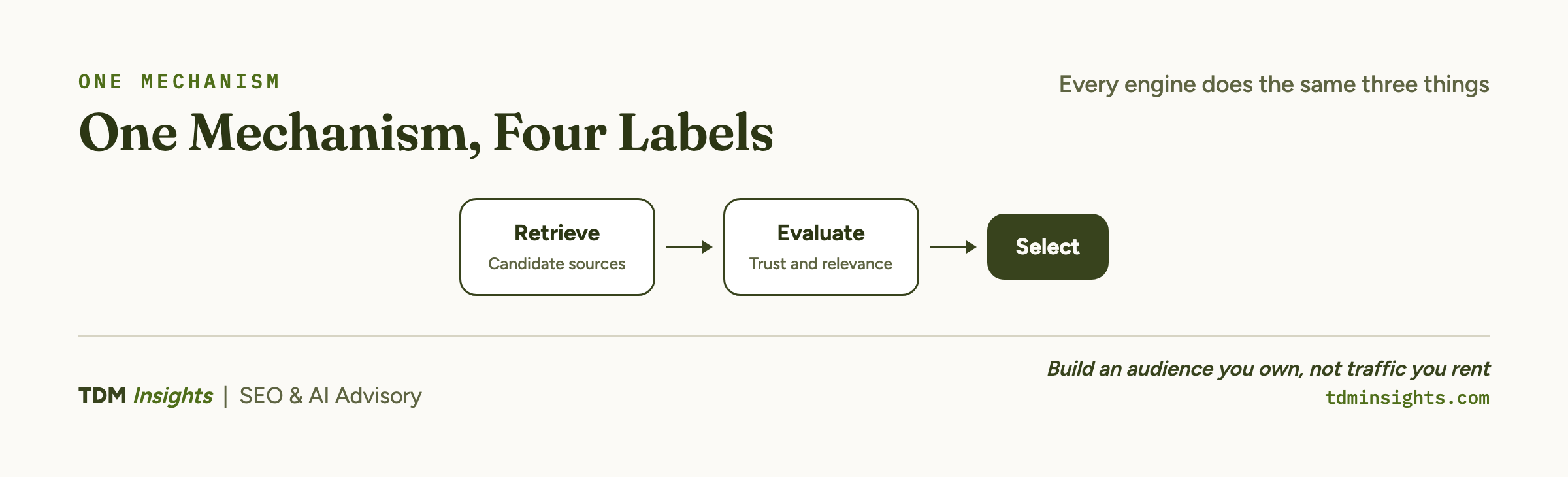 Diagram illustrating the four labels in the SEO process by TDM Insights.