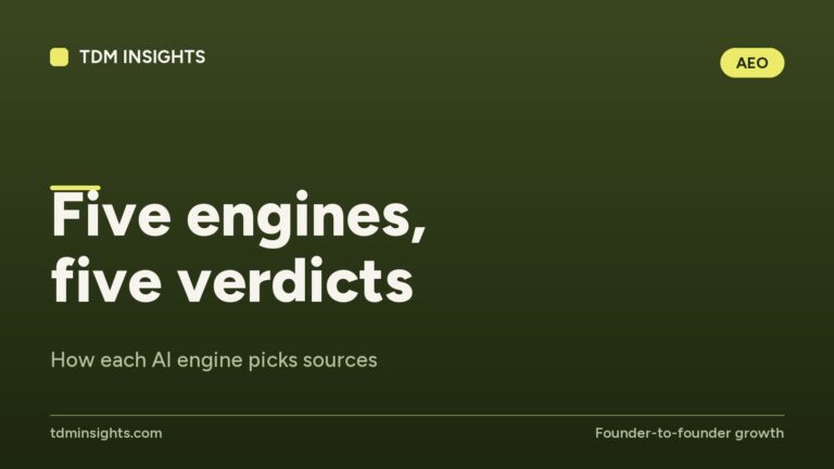 TDM Insights logo with the title 'Five engines, five verdicts' and subtitle about AI source picking.
