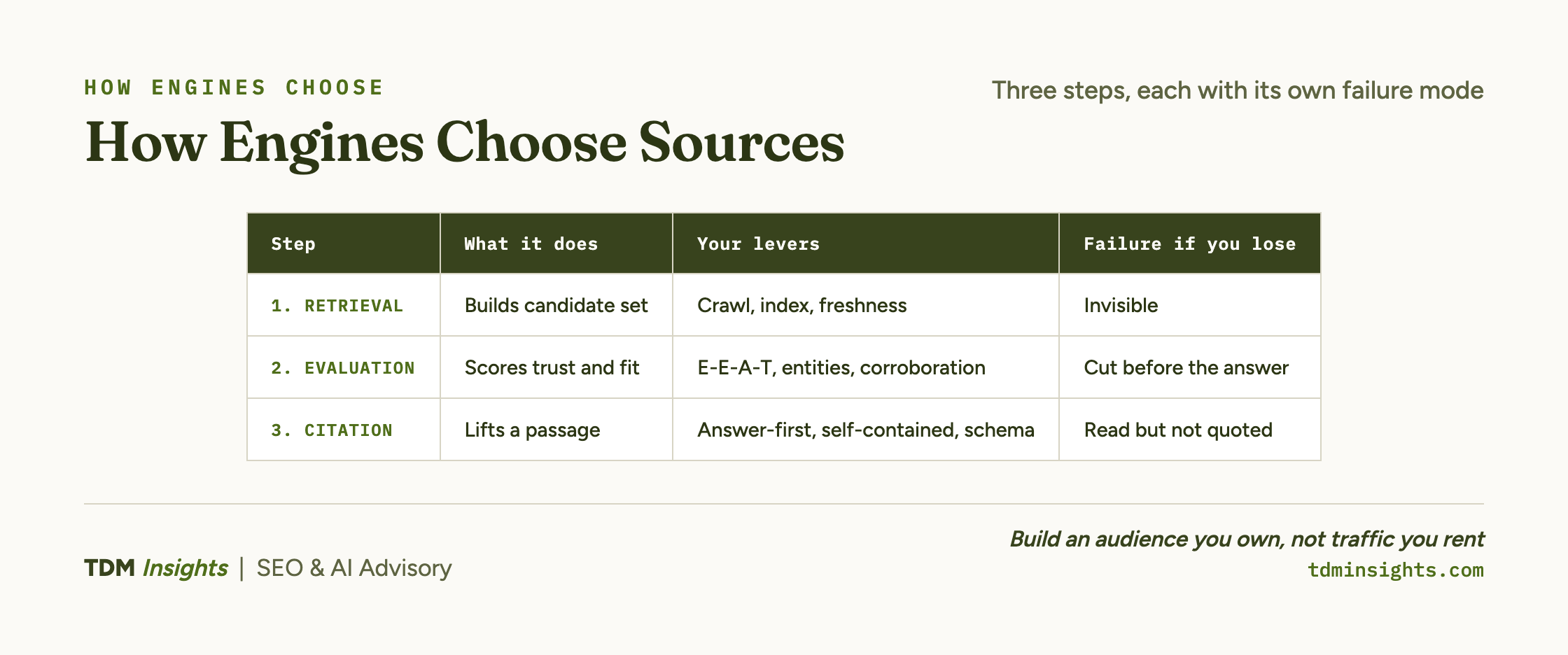 Three step model retrieval, evaluation, citation with each step's levers and failure mode.