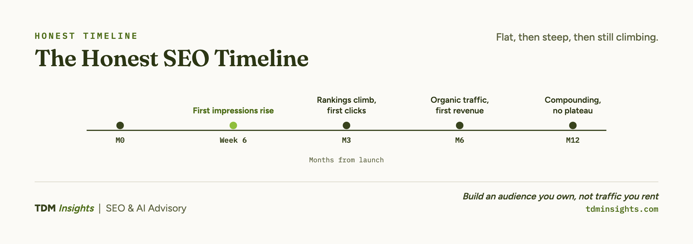 SEO timeline from month zero to twelve: flat until week six, then impressions, clicks, revenue, and compounding growth.
