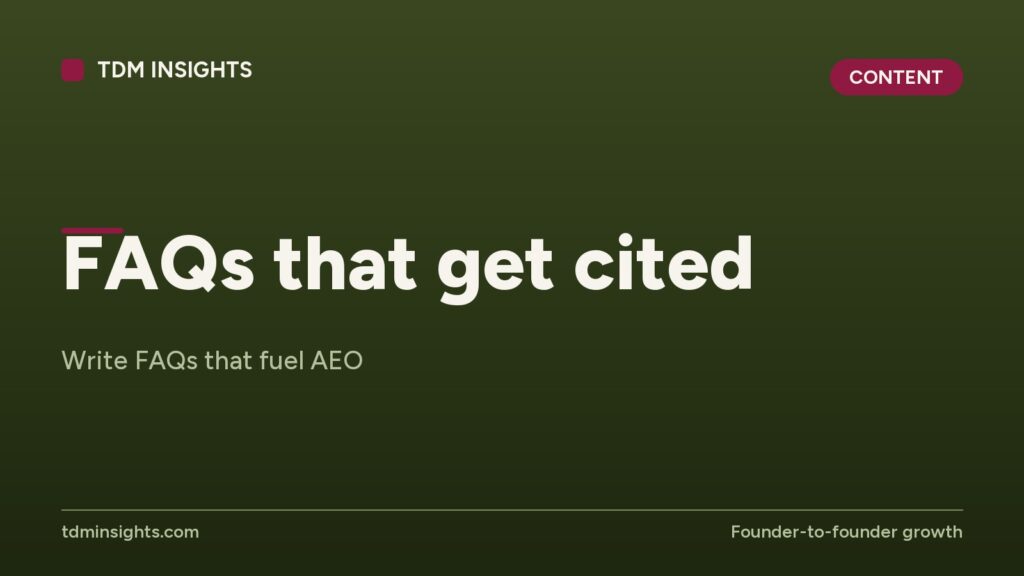 TDM Insights webpage showing FAQs that fuel AEO and founder growth.