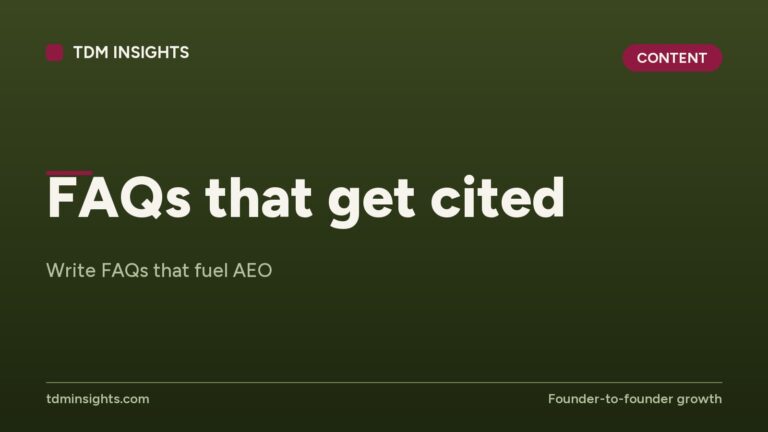 TDM Insights webpage showing FAQs that fuel AEO and founder growth.