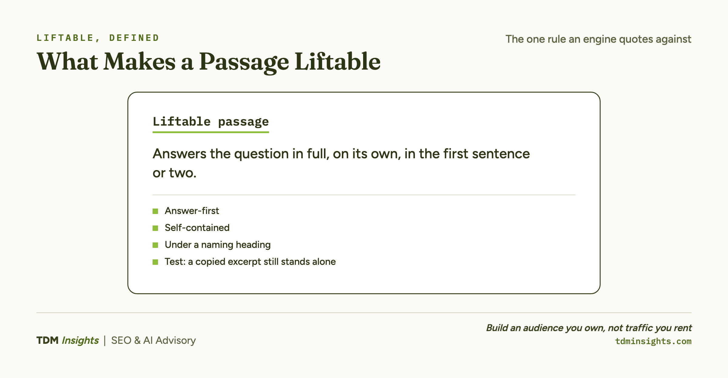 Explanation of liftable passages with key features and test criteria from TDM Insights.
