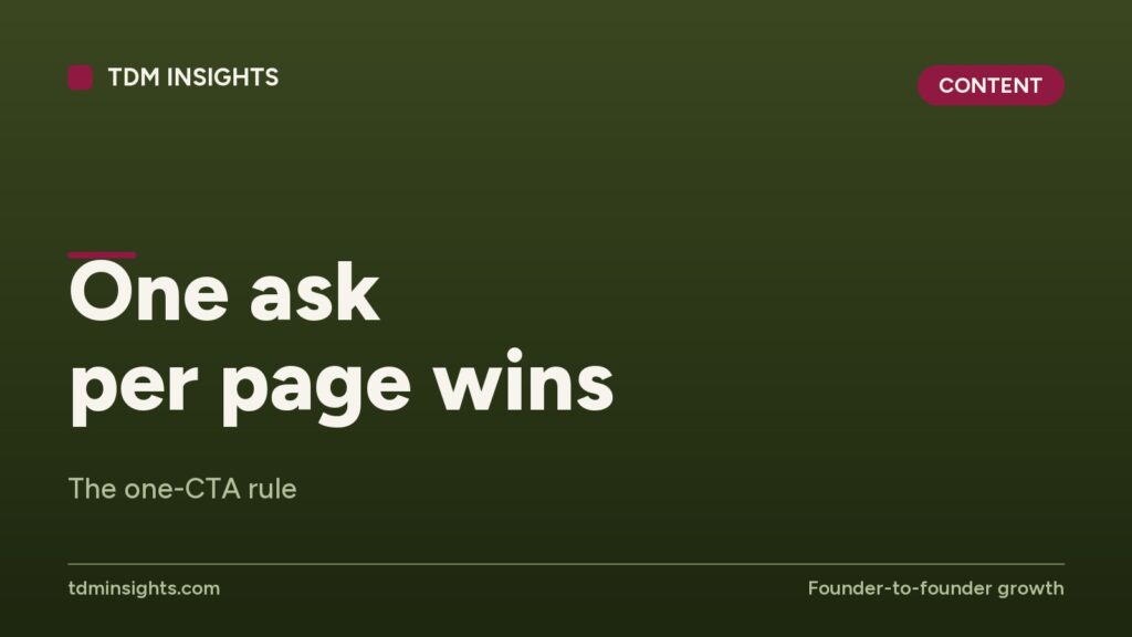 TDM Insights webpage with 'One ask per page wins' headline and content button.