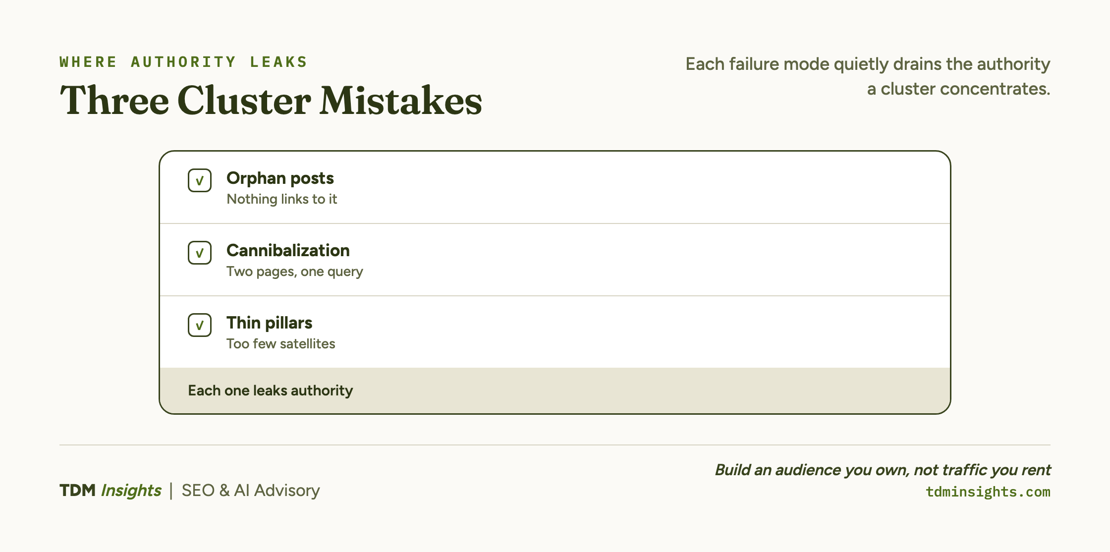 Diagram showing three common authority leak mistakes: orphan posts, cannibalization, thin pillars.