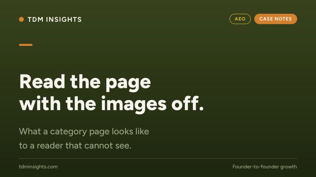 TDM Insights website screenshot showing a dark green background and a message to read images off.