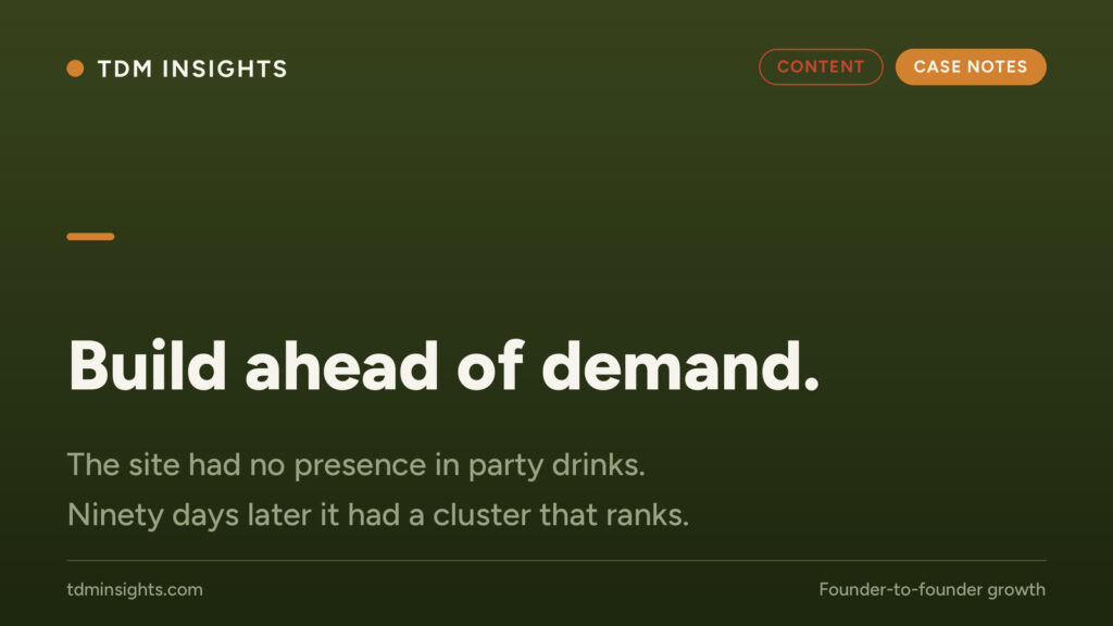 TDM Insights website screenshot showing 'Build ahead of demand' headline and navigation.