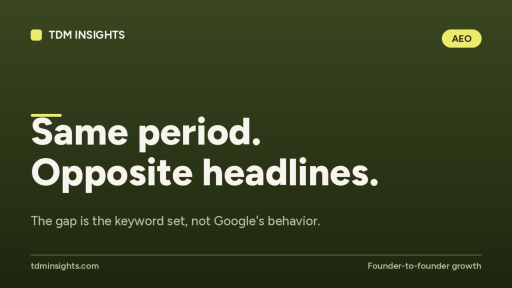 TDM Insights graphic with the headline 'Same period. Opposite headlines.' and a green background.