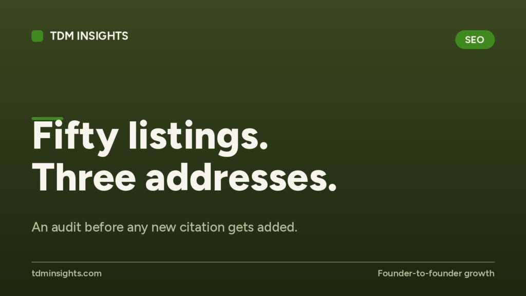 TDM Insights logo with the text 'Fifty listings. Three addresses.'.