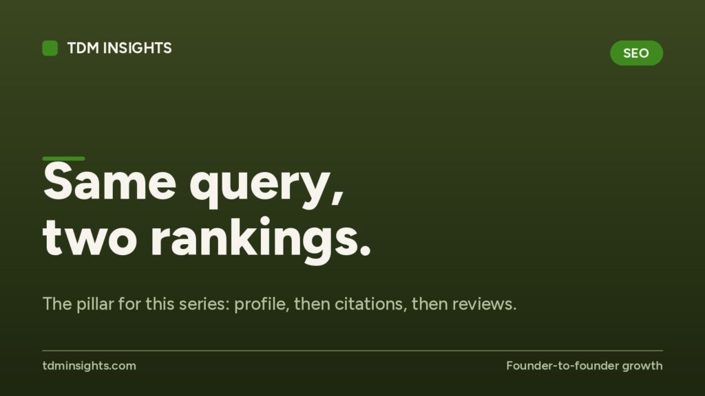 TDM Insights webpage showing 'Same query, two rankings' headline and series pillars.