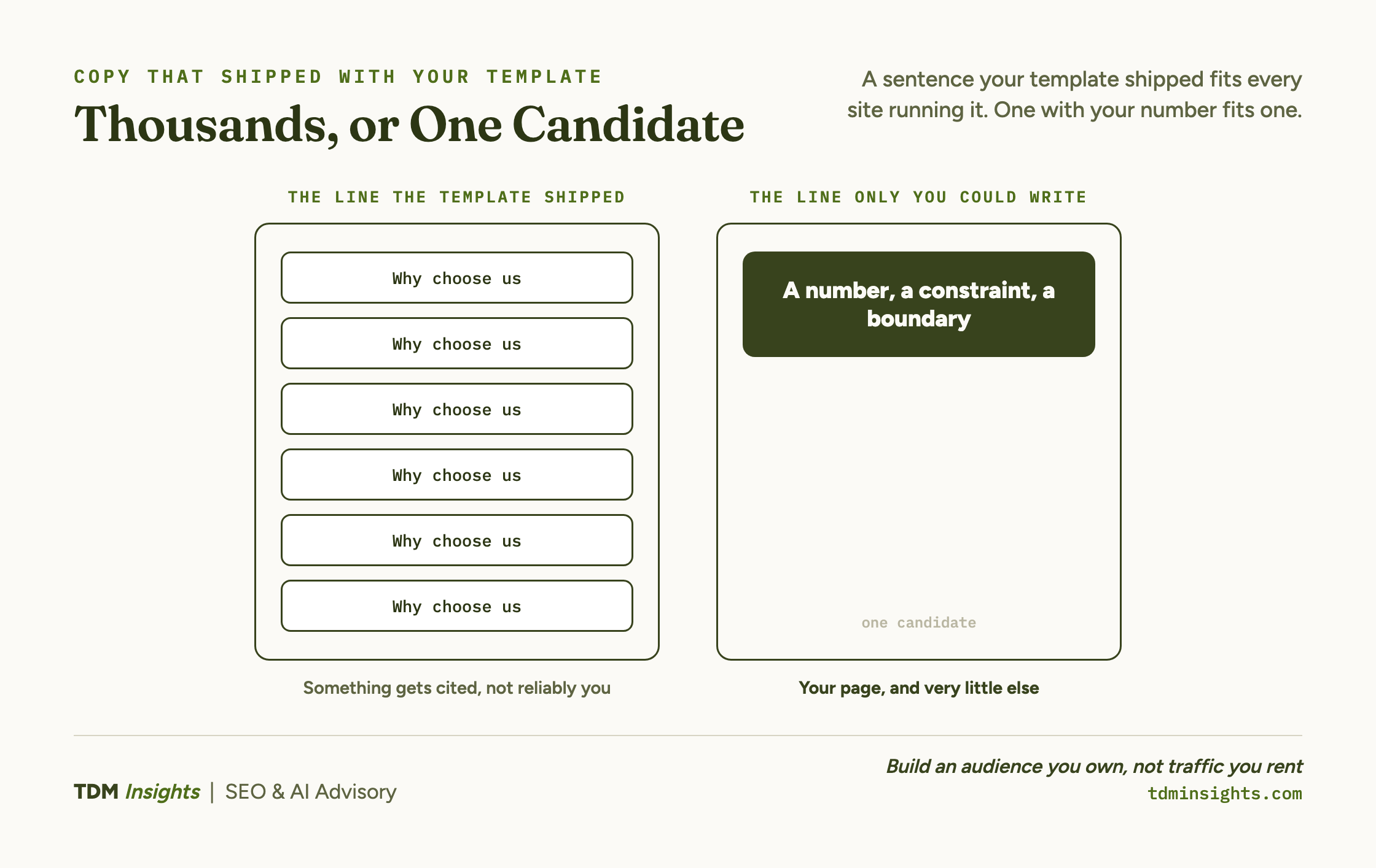 Two panels. The left repeats the same shipped template line, why choose us, six times, and closes with something gets cited, not reliably you. The right holds one block reading a number, a constraint, a boundary, marked one candidate, and closes with your page, and very little else.