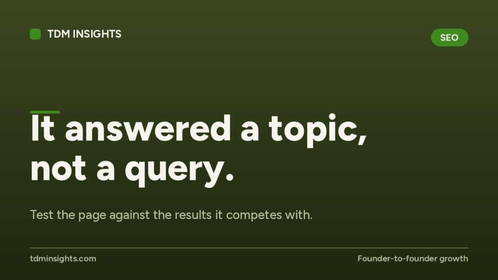 TDM Insights website homepage with slogan about answering topics, not queries.